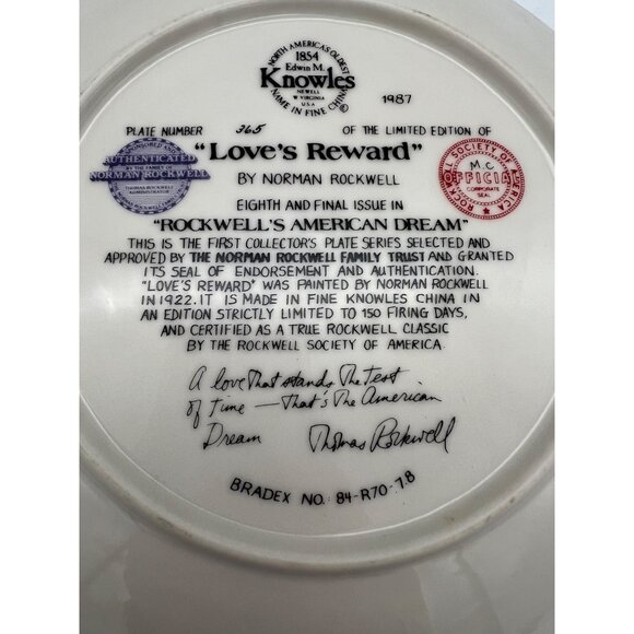 1987 Knowles Norman Rockwell Plate Love's Reward 8.5" Bradex 84-R70-7.8 - Picture 4 of 5